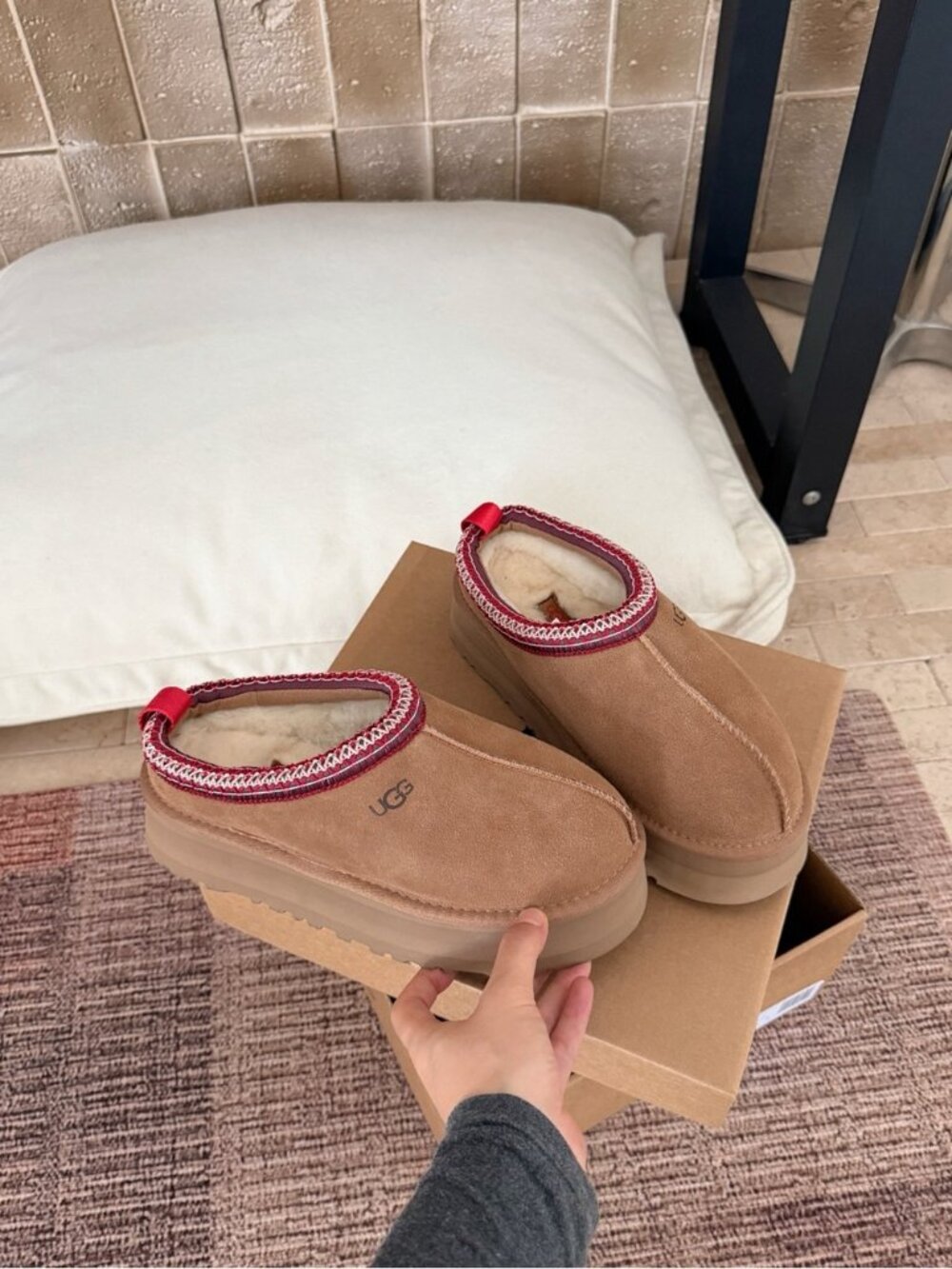 UGG Women's Chestnut Suede Slip-On Clog with Red Trim